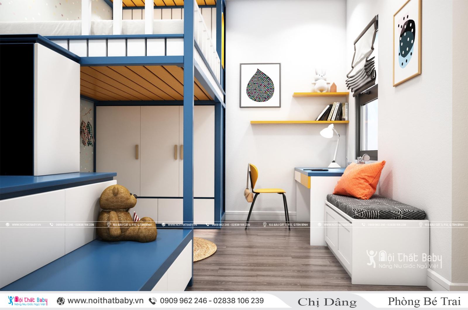 Phòng ngủ bé trai màu xanh tại căn hộ Emerald Celadon City 71m2